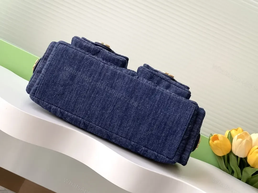 View 8 of Denim Texture Shoulder Bag with Gold Hardware, Luxe Style