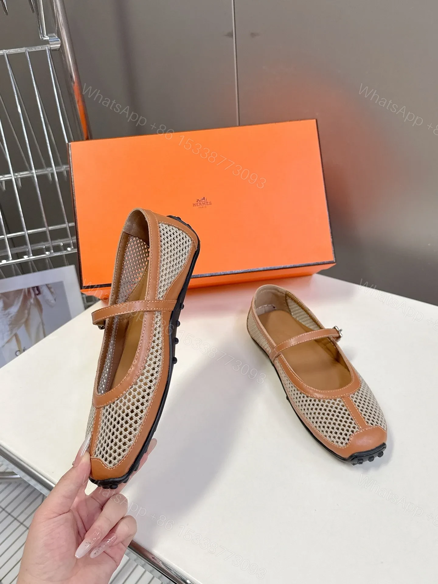 View 5 of Hermes Women Beige Leather Mesh Mary Jane Flats