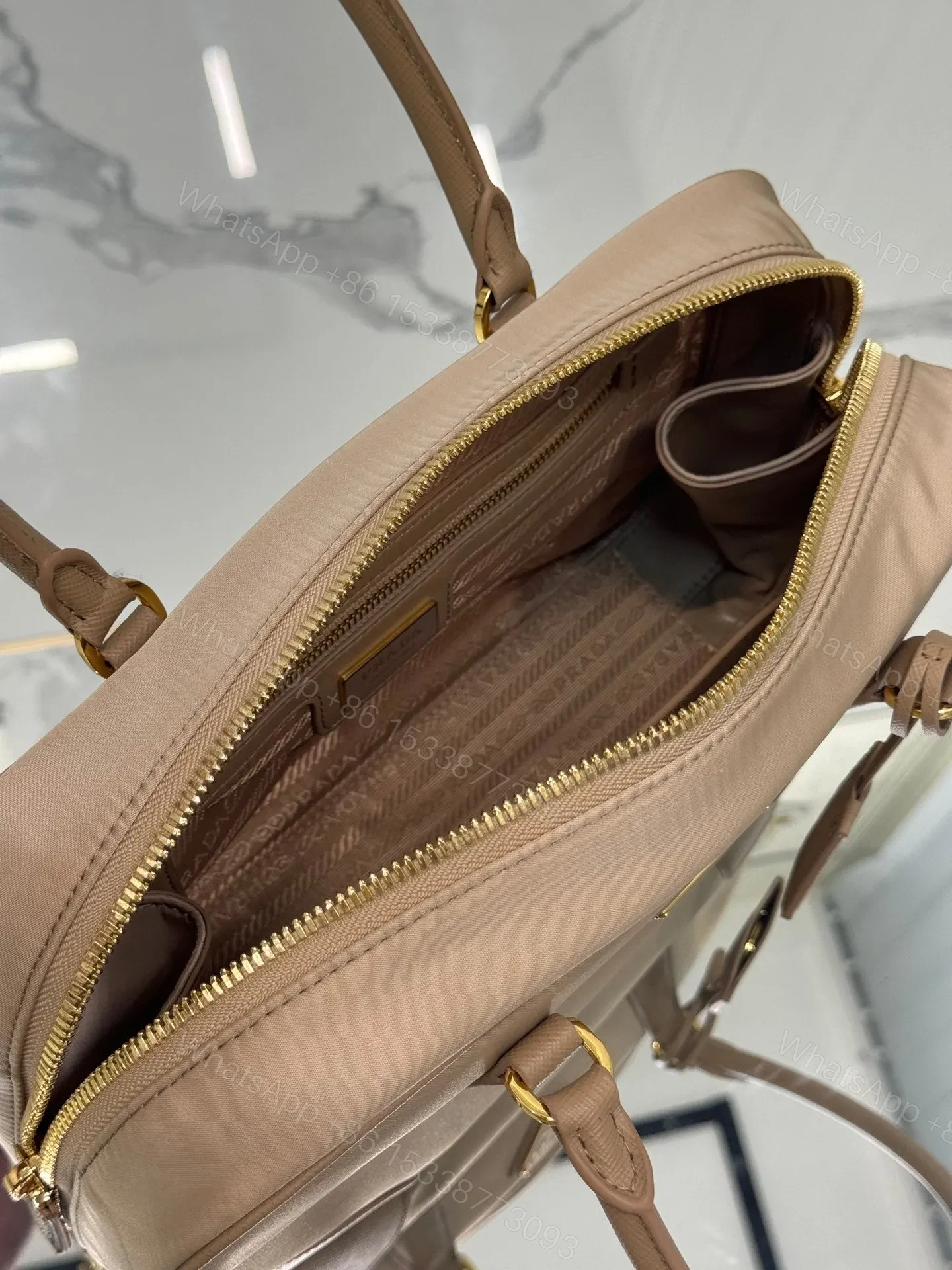 View 7 of LARGE TOP HANDLE BAG 35 IN DRIED MOSS NYLON AND CALFSKIN TRIM