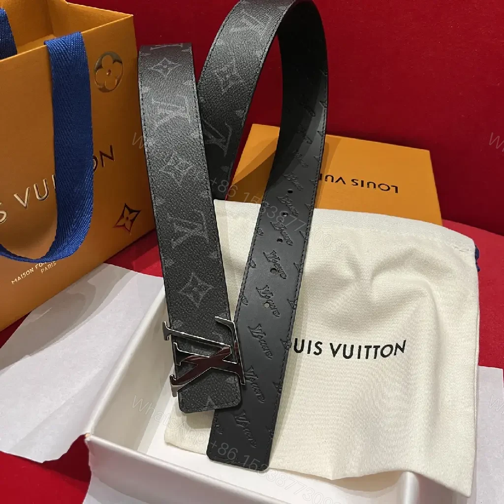View 10 of Black Leather Belt, Embossed LV Motifs, Polished YSL-Style Buckle