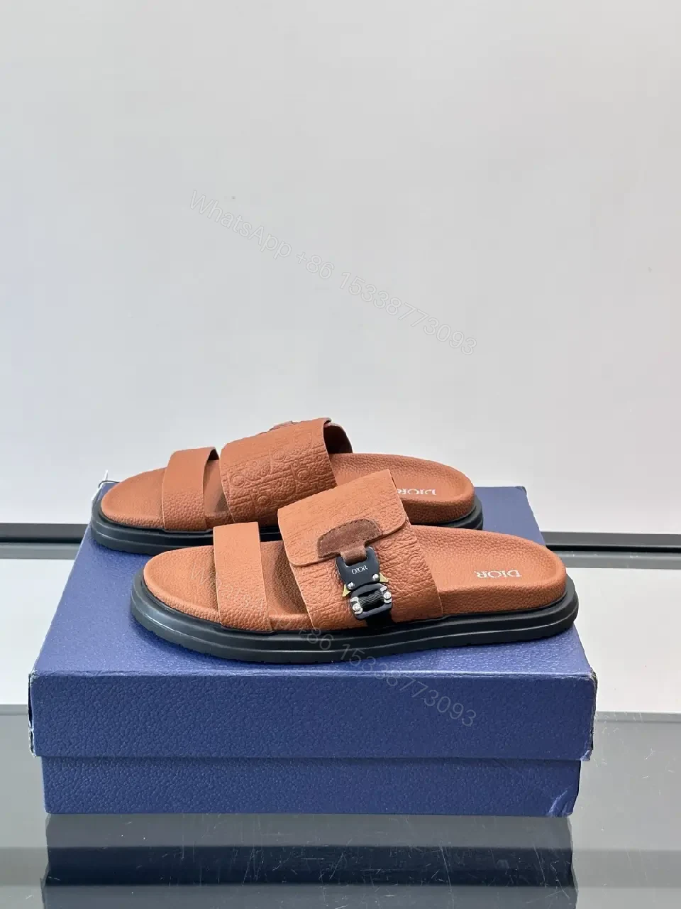 View 7 of Brown Leather Sandals Dior Embossed Classic Slide Buckle Strap Sandals