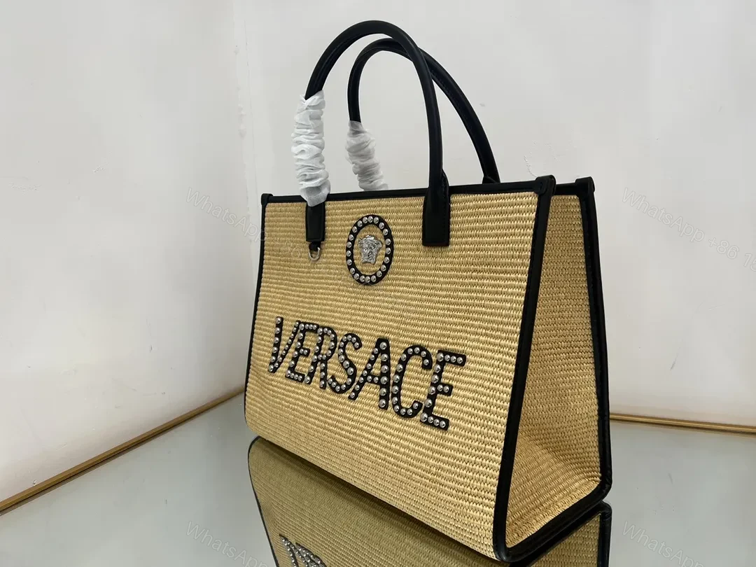 View 9 of Raffia Tote with Studded Logo Leather Trim Tote