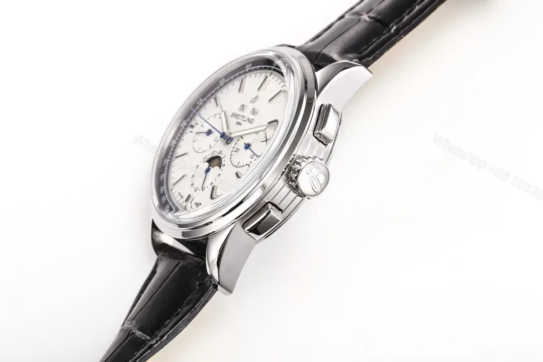 View 7 of V9 Factory Breitling Premier Series White Dial Black Leather Strap Chronograph Watch