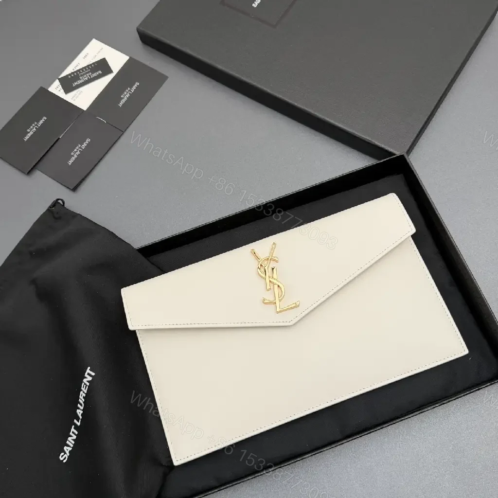 View 10 of Ivory Leather Envelope Clutch with Gold-Tone Hardware, Minimalist Chic