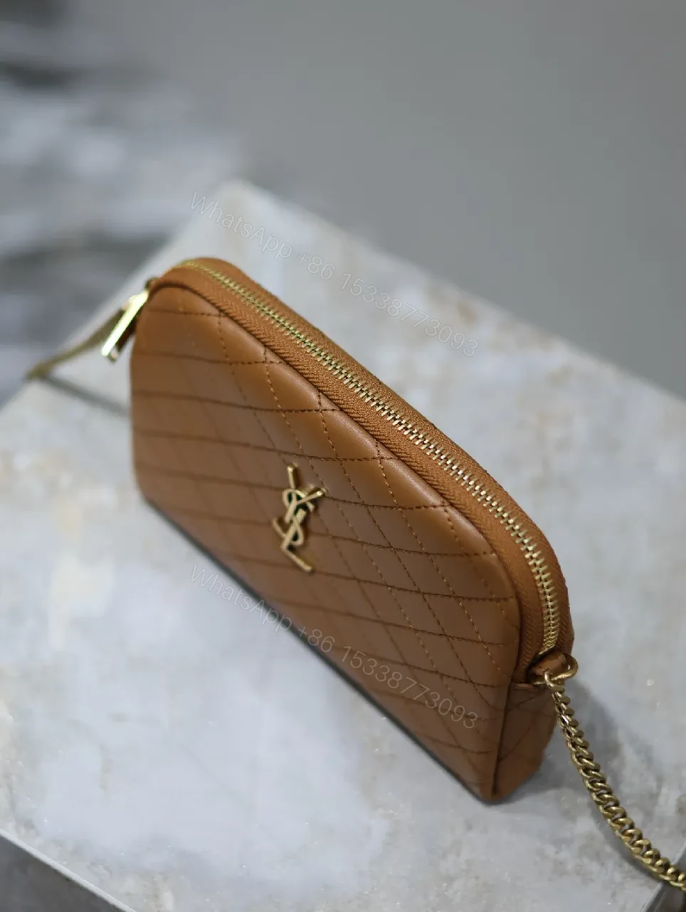 View 8 of Compact Tan Quilted Bag: Crossbody, Gold Hardware, Luxe Style
