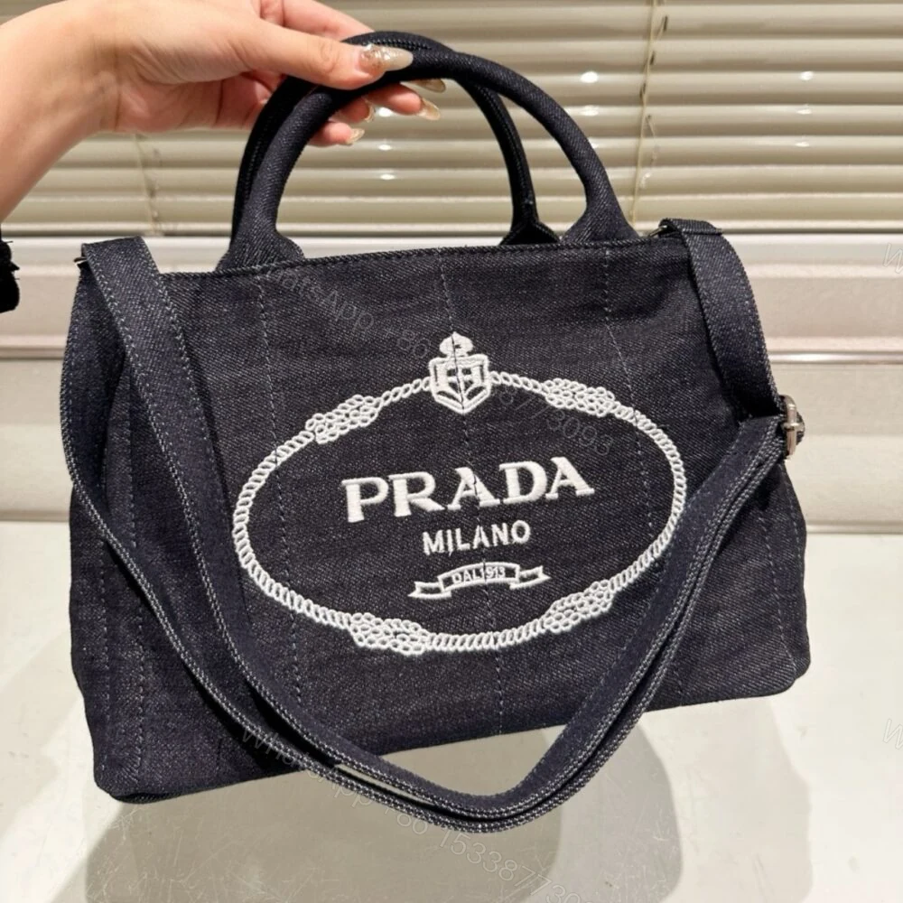 View 3 of Prada Logo Printed Denim Tote Bag Black 26Cm