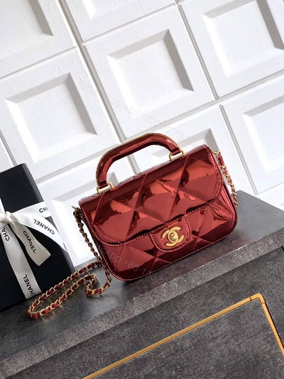 Quilted Burgundy Mini Bag, Gold Clasp, Chain Crossbody — view 1