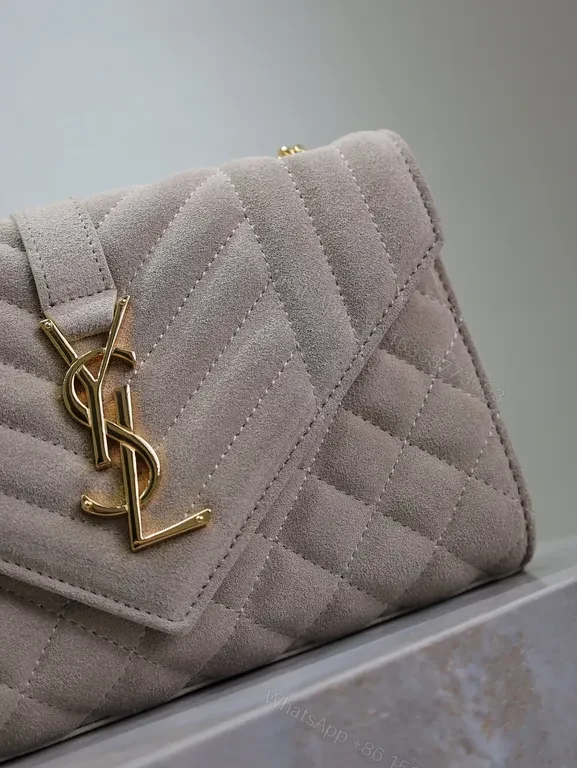View 9 of Taupe Quilted Luxe Shoulder Bag with YSL Emblem
