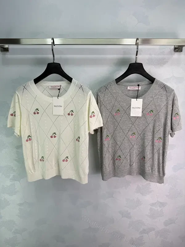 Cream/Light Heather Knit V-Neck Cropped Argyle Diamond Top — view 1