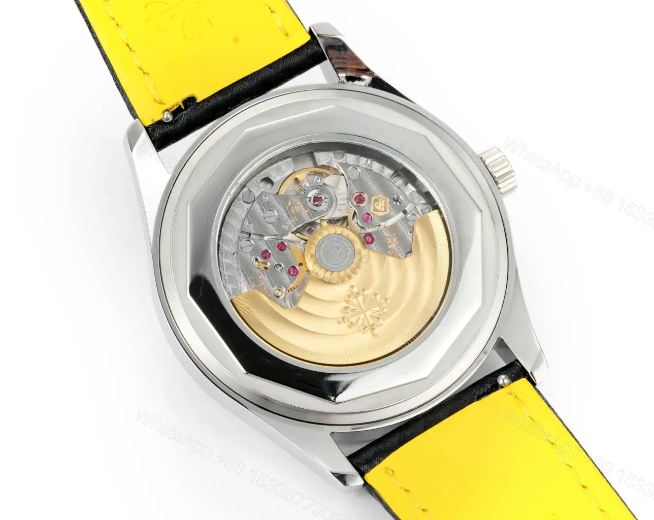 View 7 of Patek Philippe Calatrava Black Dial Stainless Steel Watch with Black Leather Strap Yellow Accents