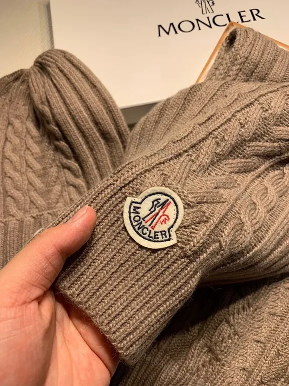 View 8 of Taupe Wool-Blend Moncler Knit Set: Beanie & Scarf, Luxury Winter