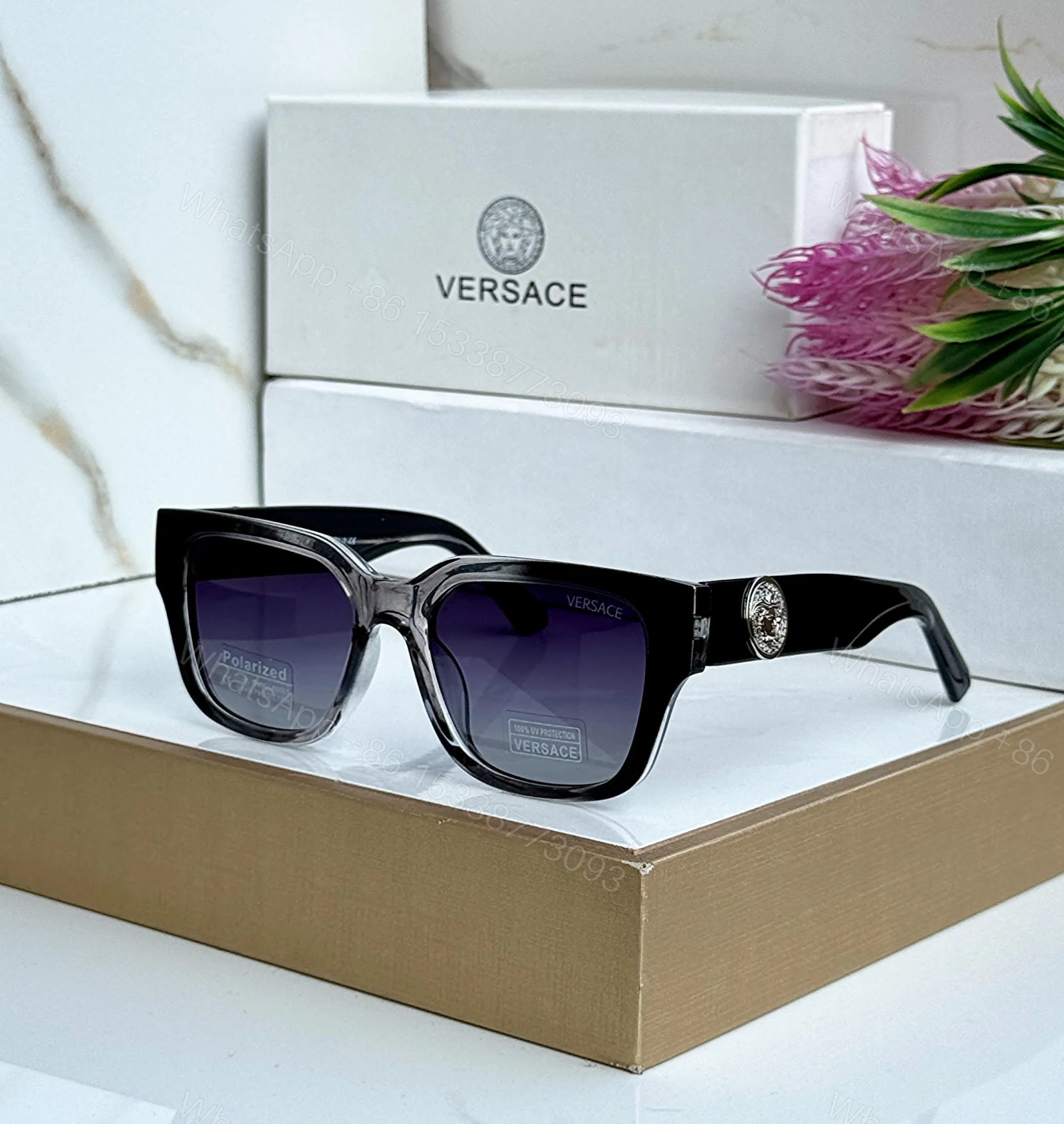 View 2 of Versace Square Polarized Black Transparent Sunglasses