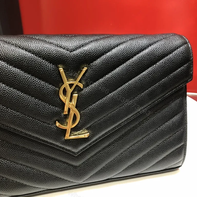 View 7 of Black Leather Chevron Clutch with Gold YSL Emblem - Luxury Evening Bag