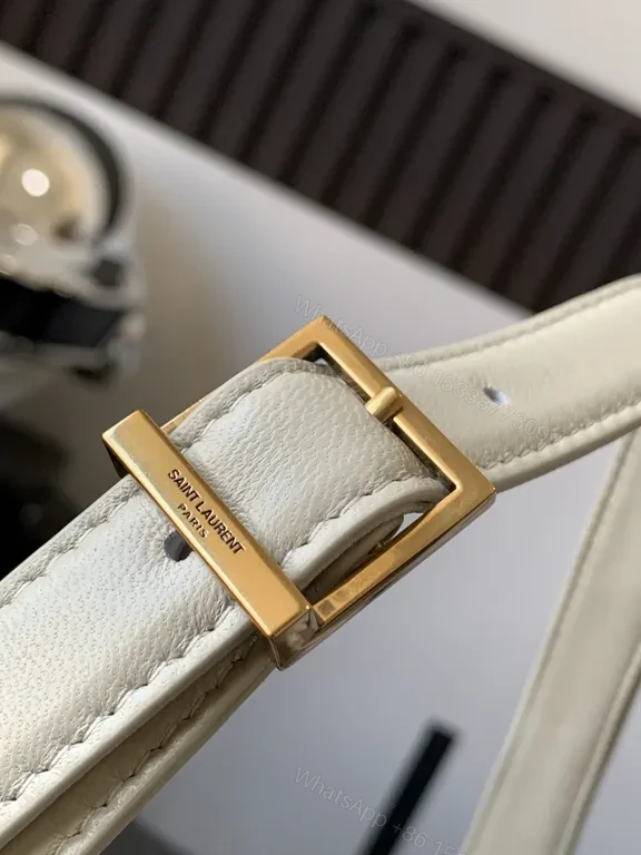 View 3 of White Quilted Leather Shoulder Bag with Gold-YSL Logo