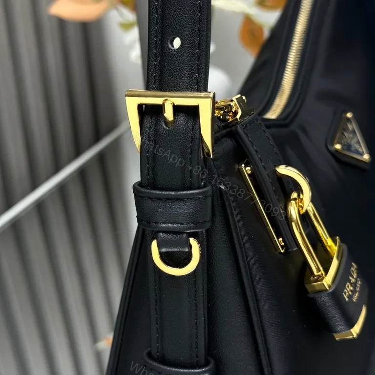 View 3 of Chic Black Nylon Prada-Influenced Shoulder Bag with Gold Hardware
