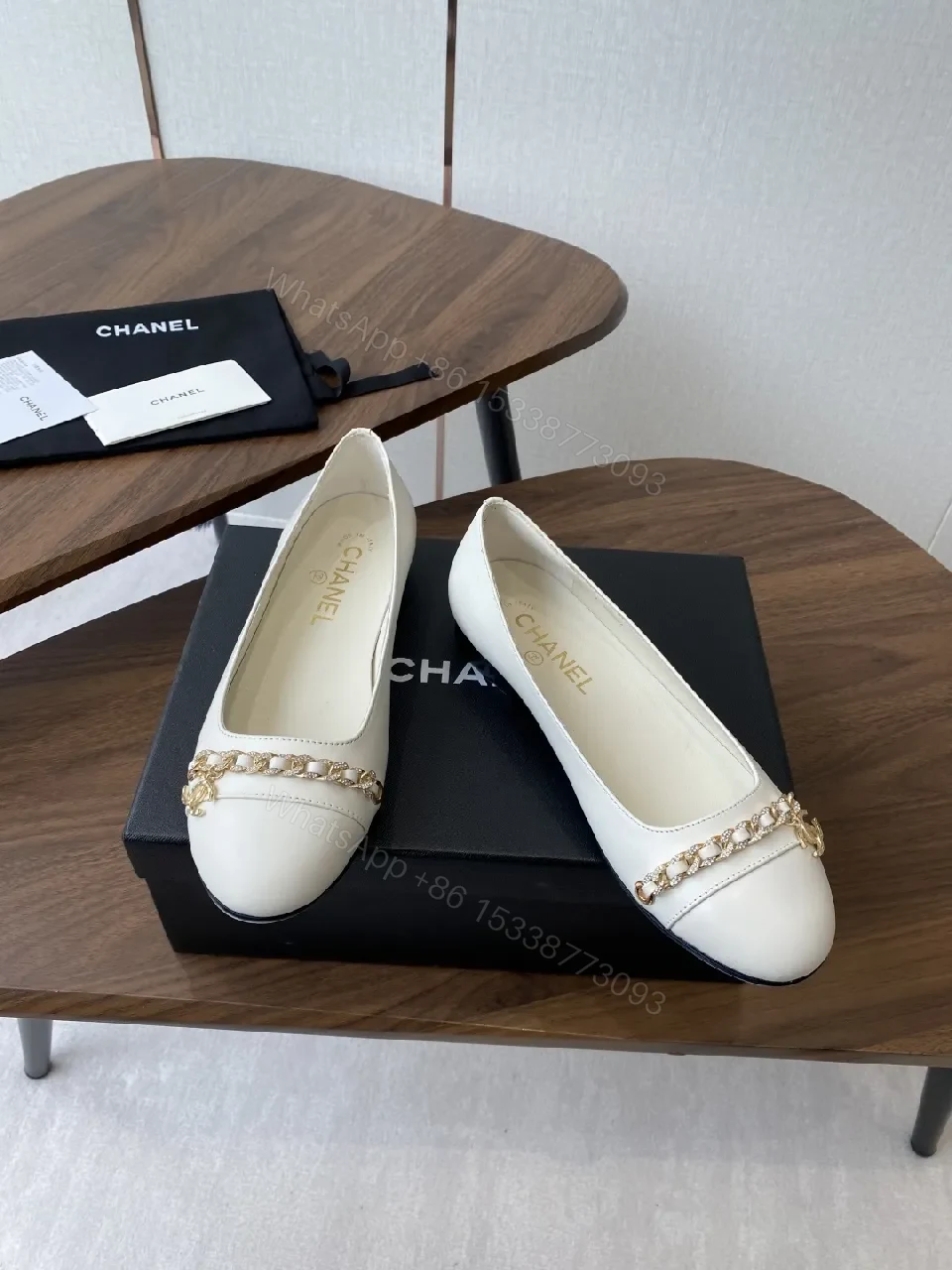 View 4 of White Leather Ballet Flats with Gold Chain Detail - Luxe Comfort