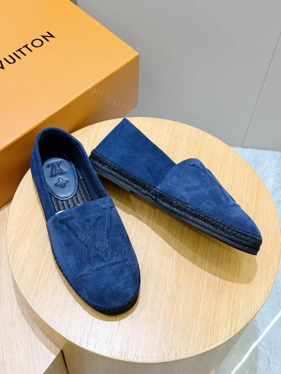 View 6 of Navy Suede LV-Embellished Slip-Ons: Quiet Comfort