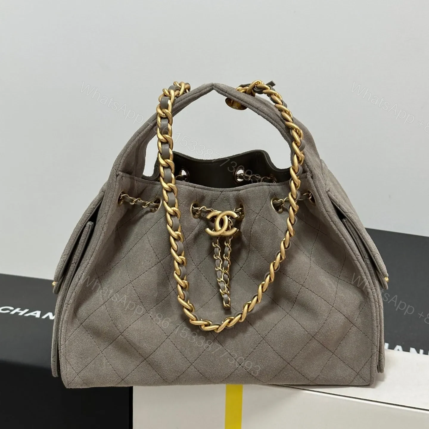 NEW CHANEL 25 HANDBAG 30 IN NATURAL GREY SUEDE GOLD HARDWARE — view 1