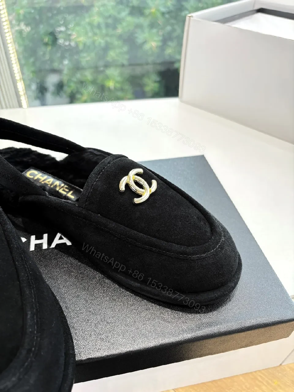 View 4 of Black Suede Loafers with Gold Logo Hardware