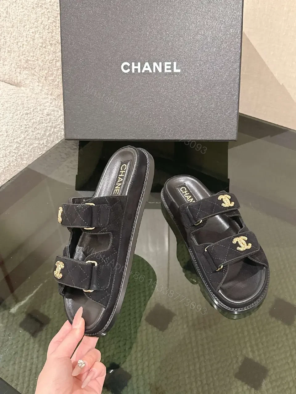 View 5 of Quilted Black Sliders with Gold Hardware — Everyday Luxury