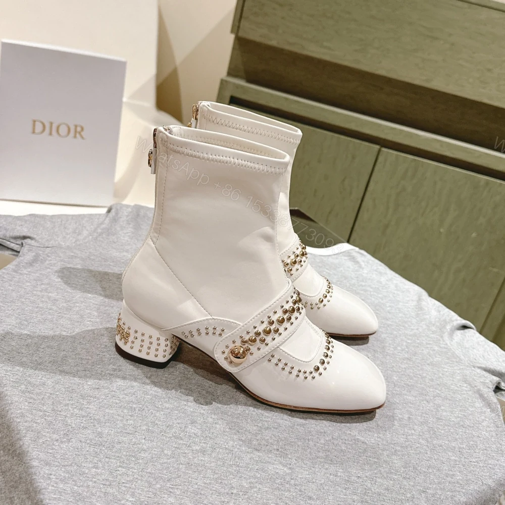 View 2 of 高仿Dior*Belle-D系列KCT064柳釘拉鏈短靴4CM白色免檢版