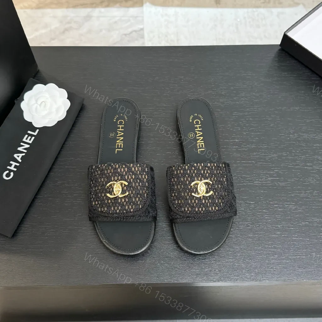 View 5 of Lux Black Chanel-Texture Slide with Gold Logo Accent