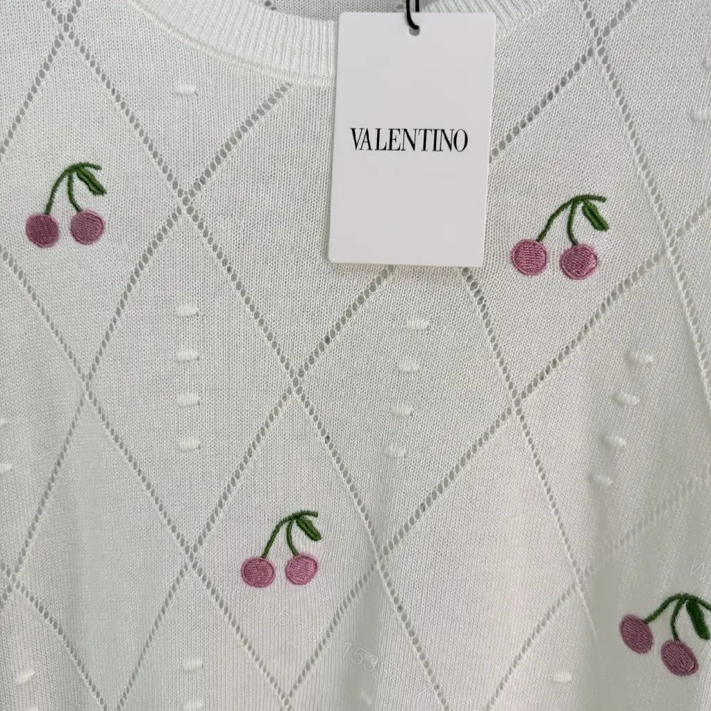 View 3 of Cream/Light Heather Knit V-Neck Cropped Argyle Diamond Top