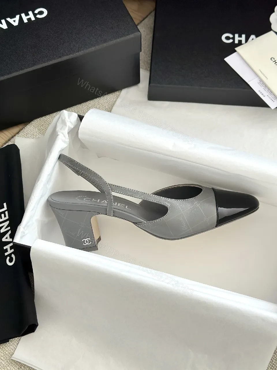 View 3 of Gray Patent-Toe Slingback Heels: Modern Block-Color Comfort
