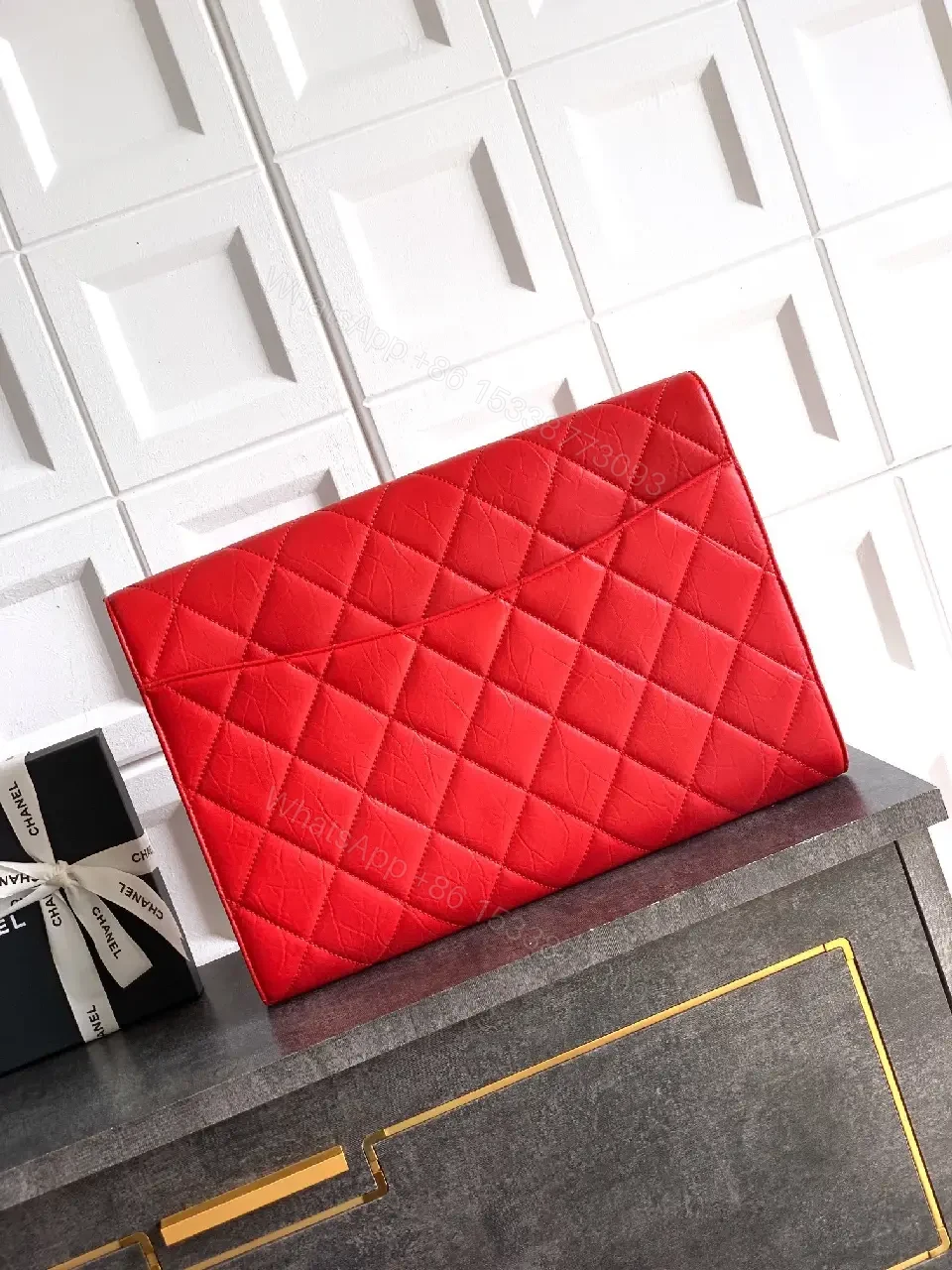 View 4 of Bold Red Quilted Leather Clutch, Gold Hardware, Envelope Style