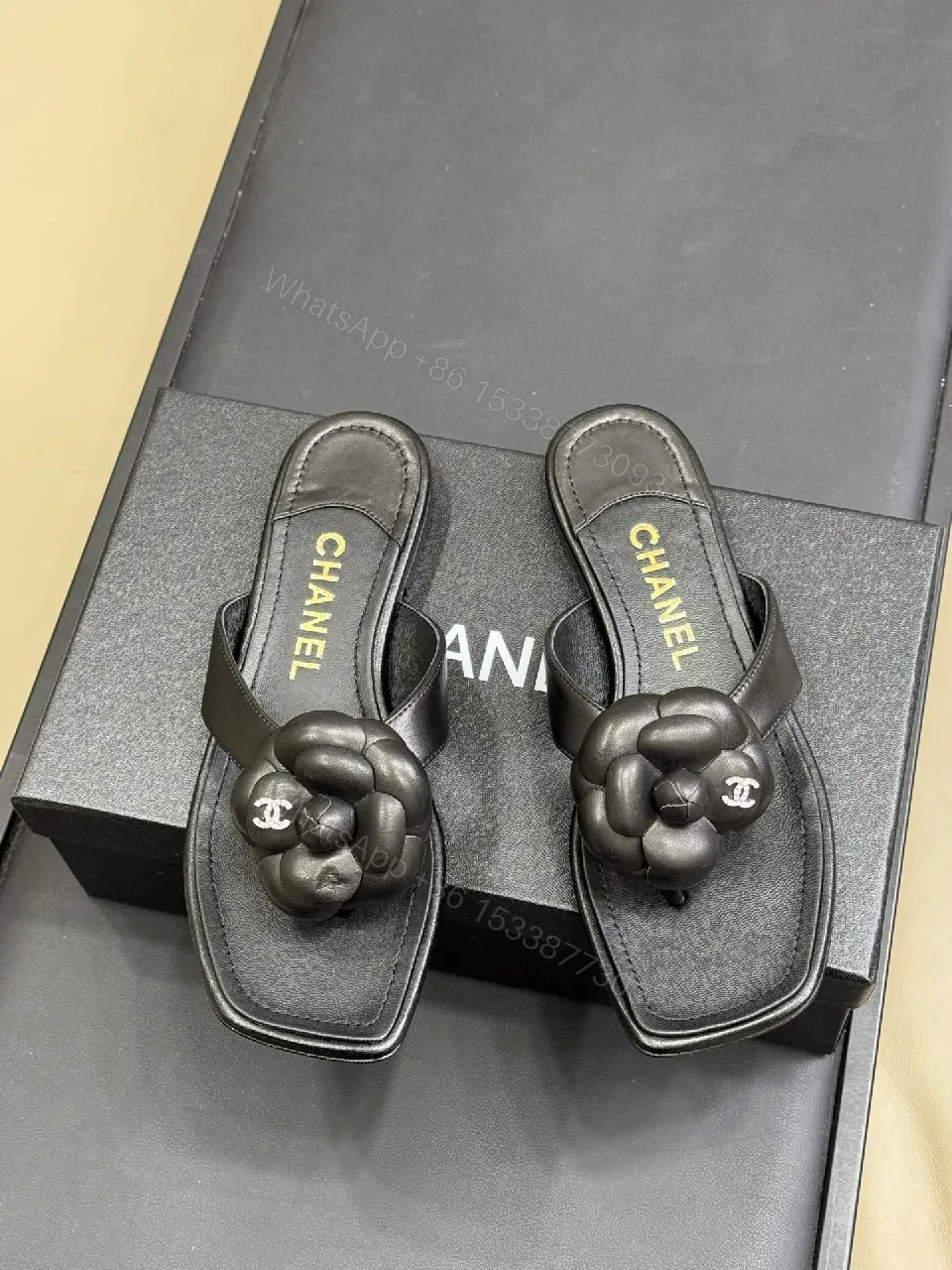 Black Flower-Detail Sandals, Matte Leather, Square-Toe, Cushioned Footbed, Slide Product — view 1