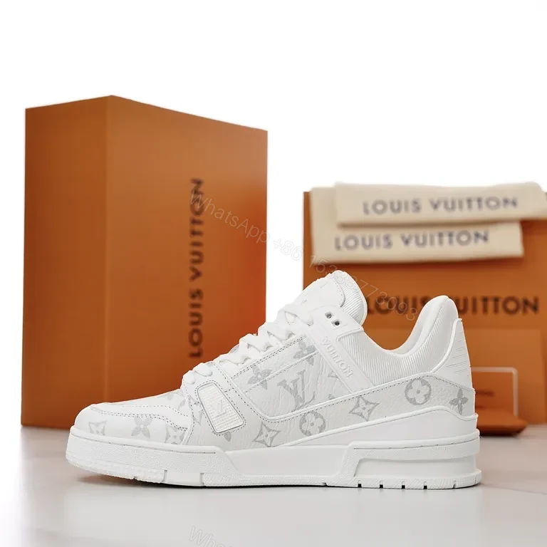 View 2 of White Leather LV-Inspired Luxury Sneakers, All-Day Comfort