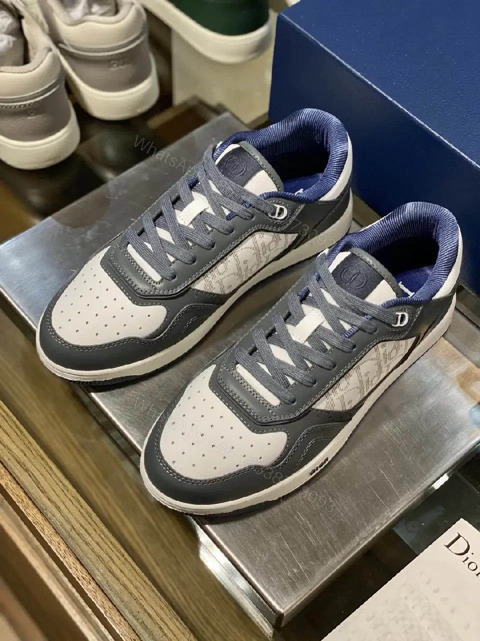 View 5 of Low-Profile Luxury Trainer with Monogram Panels, Grey-Cue Sneakers