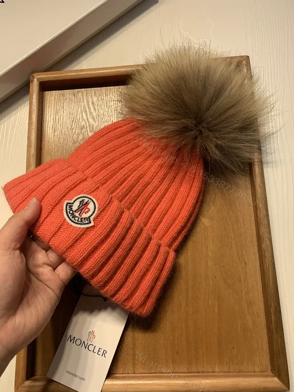 View 4 of Orange Knit Beanie with Fur Pom-Pom by Moncler - Luxe Wool Blend, Ribbed Style