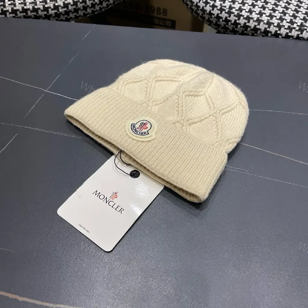 View 6 of Cream Knit Beanie + Wool Blend + Classic + Subtle Moncler Patch + Beanie