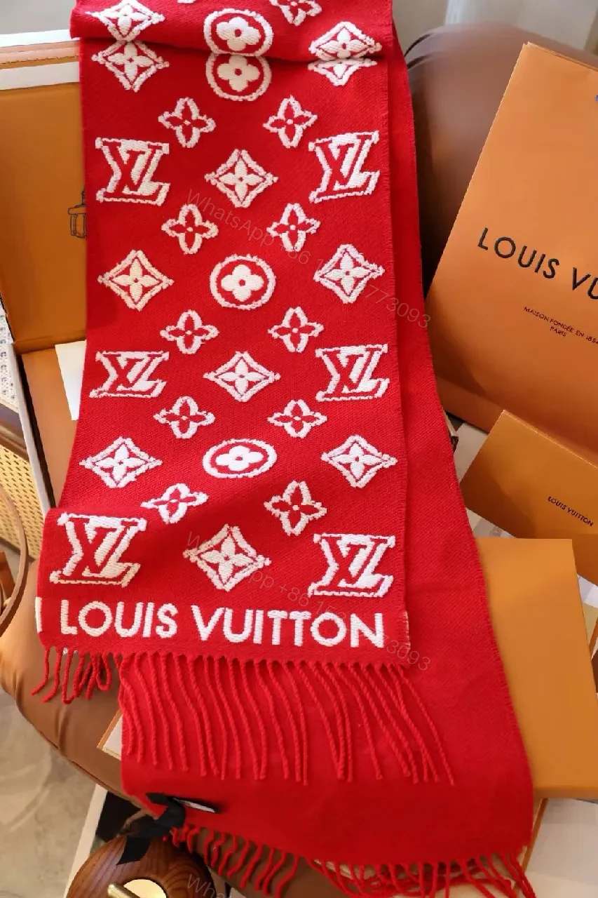 View 5 of Bold Red Monogram Silk-Blend Scarf with Luxe Fringe Accent
