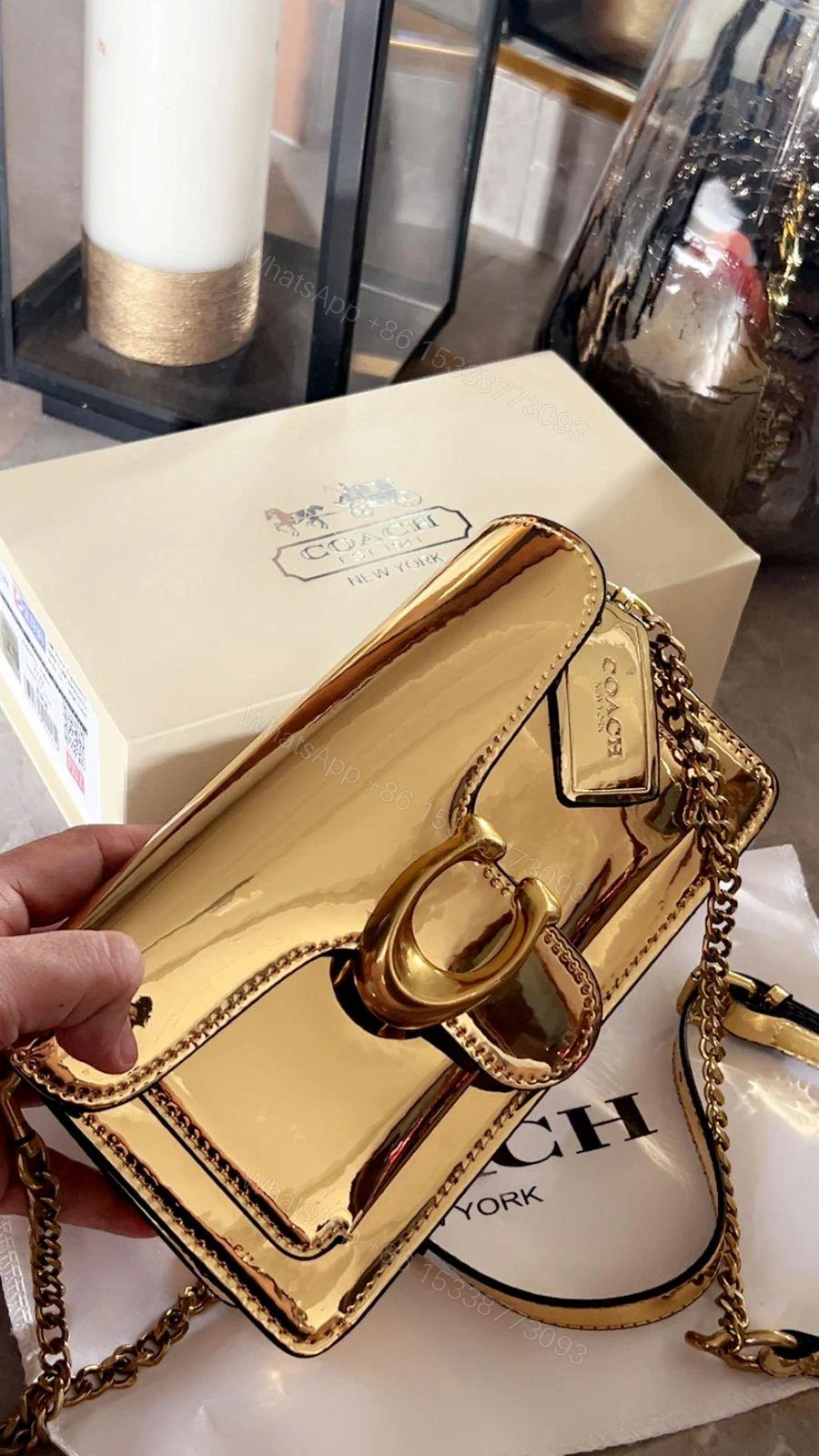 View 2 of Coach Tabby Metallic Genuine Calf Leather Bag Golden First Copy | AAA+ Replica