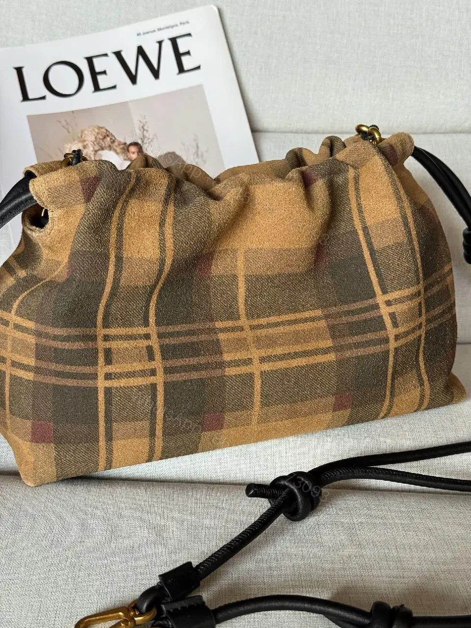 View 8 of Brown Plaid Leather-Trim Shoulder Bag with Chain Detail