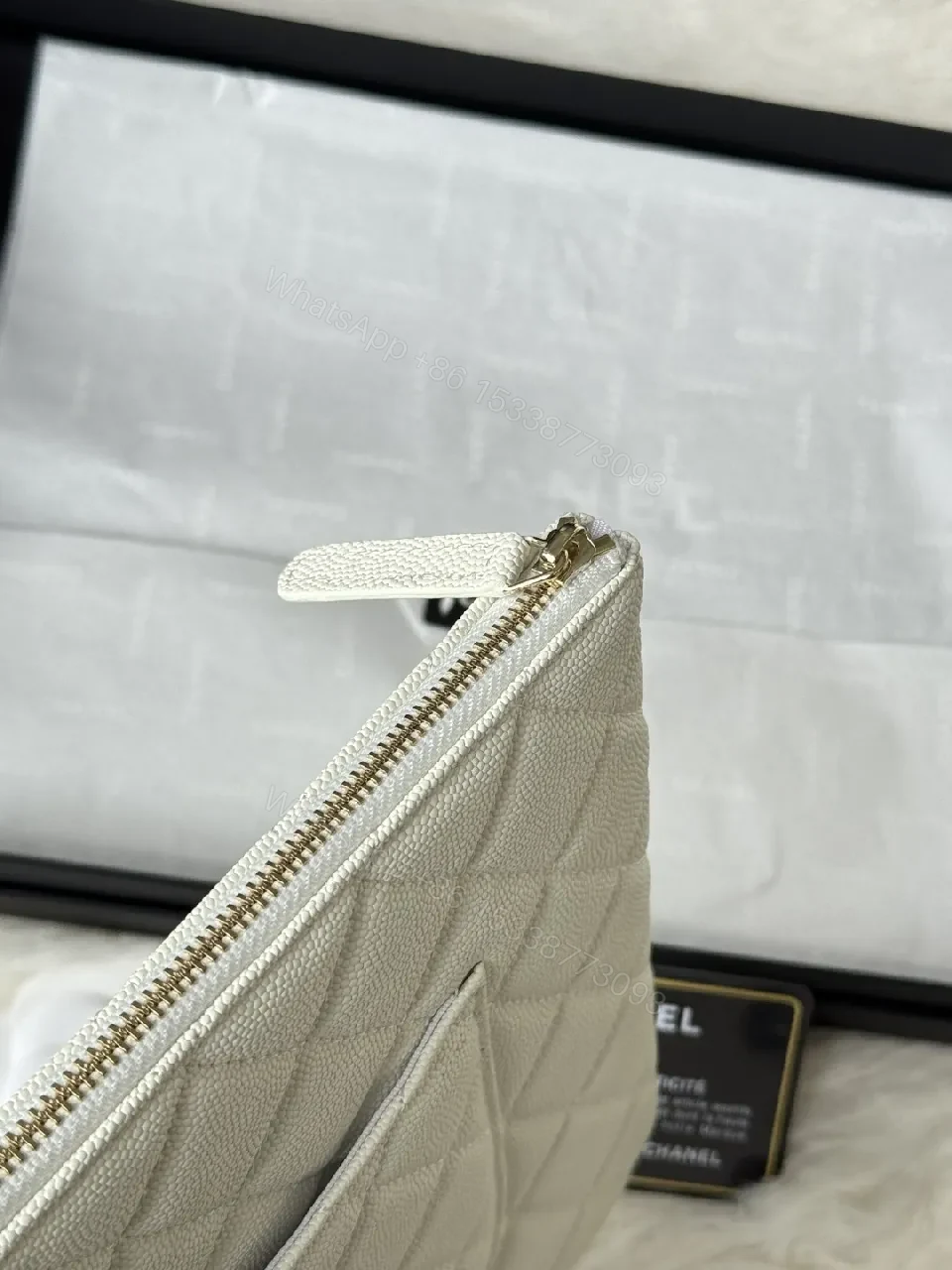 View 3 of Quilted Leather Pouch, Light Pearl, Luxe Style, Zippered Organizer