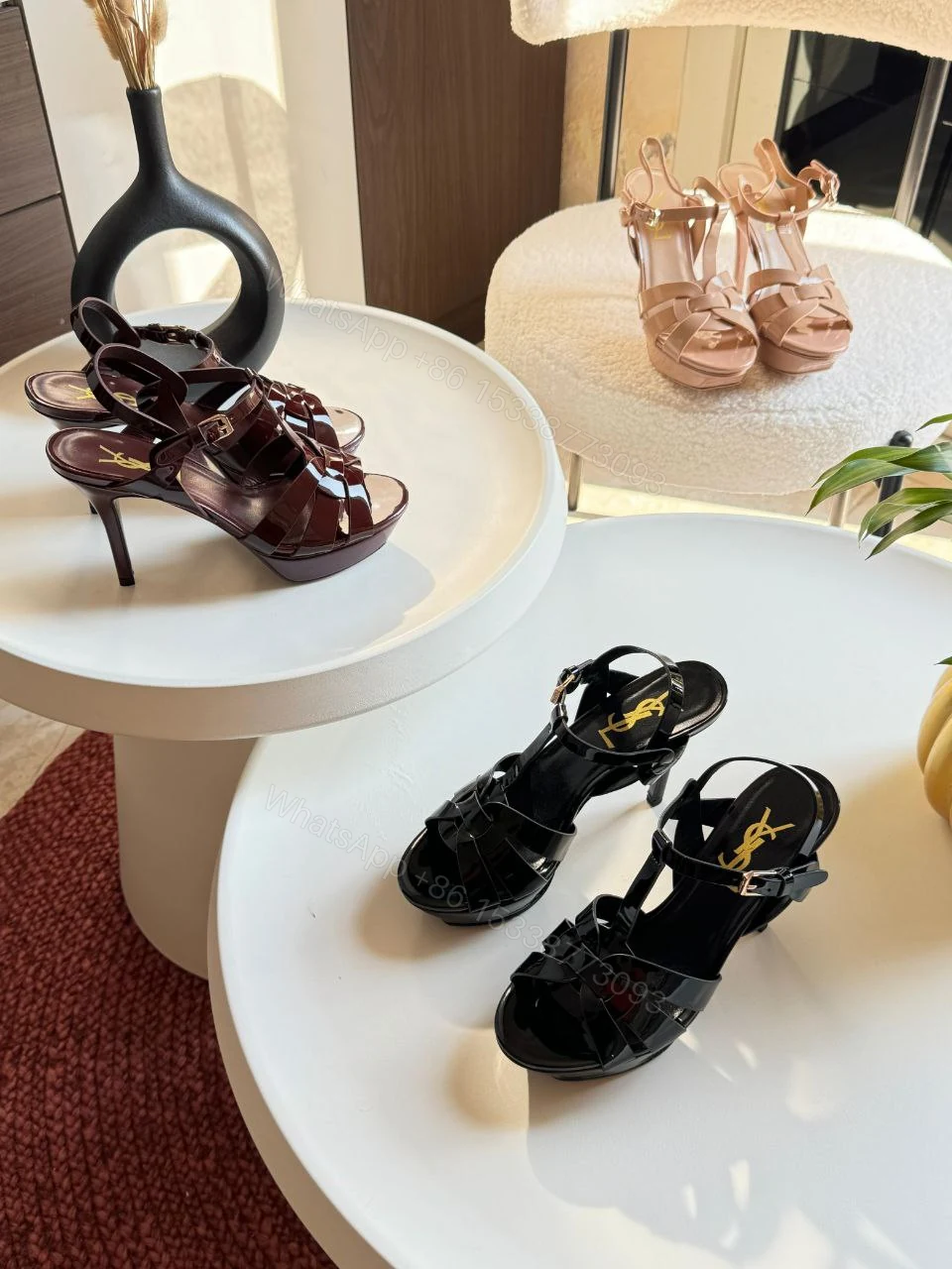 View 10 of Saint Laurent Burgundy Patent Leather Tribute Ankle Strap Sandals