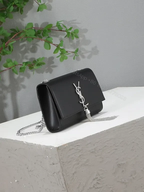 View 4 of Chic Black Leather Handbag â€” Metallic Logo Tassel Bag
