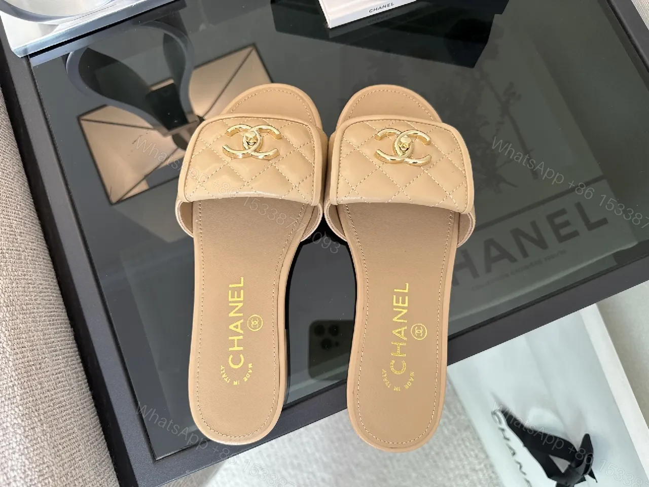 View 7 of Beige Quilted Slip-Ons with Gold Hardware Sandals