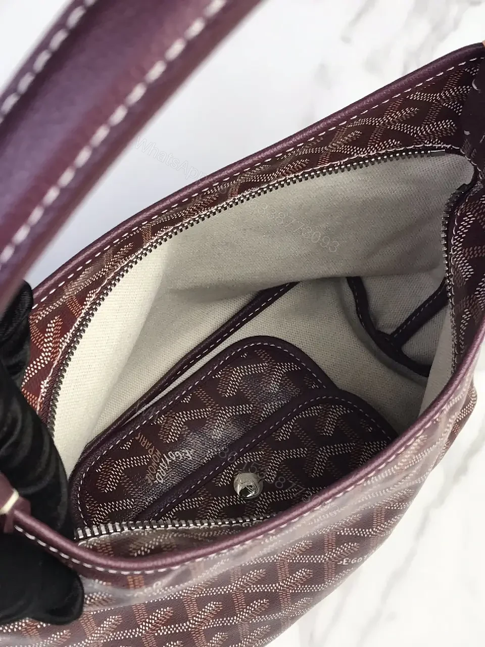 View 3 of Structured Bur Burgundy Handbag: Patterned, Leather-Feel Canvas, Structured Carryall