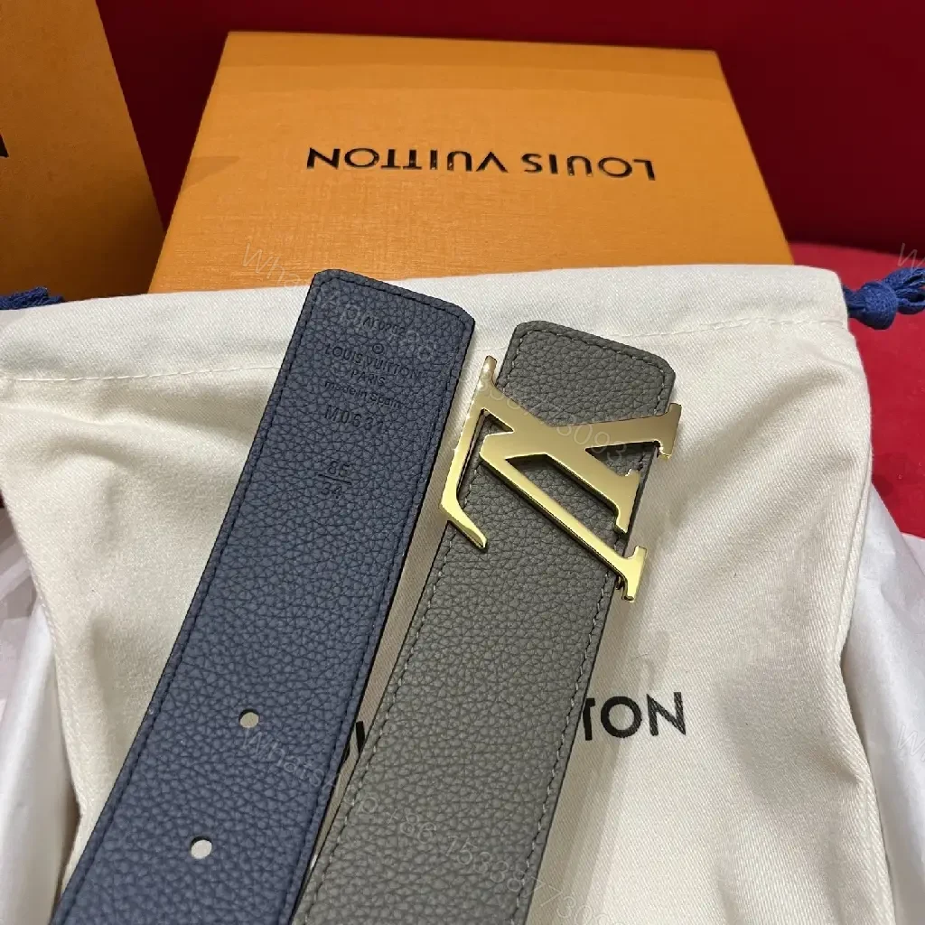 View 4 of Premium Leather Belt with Gold LV Buckle