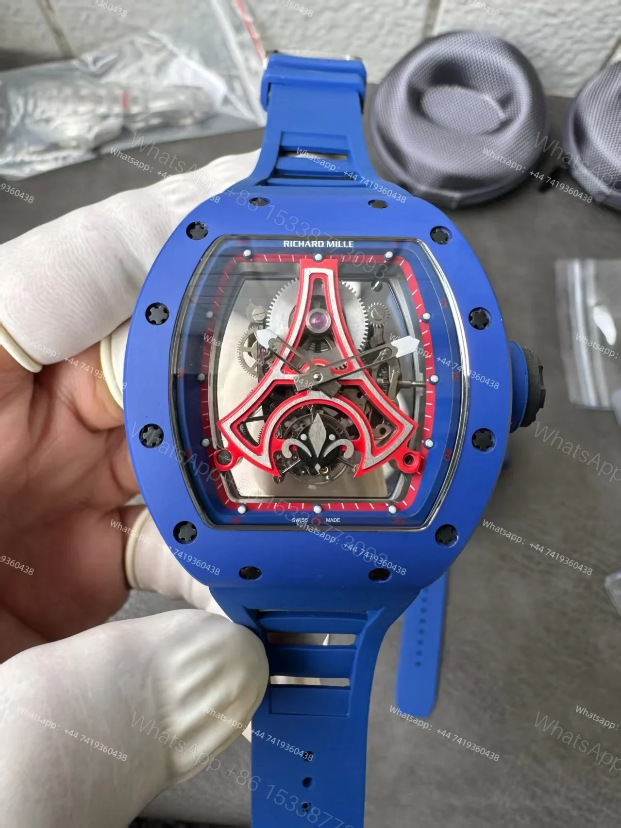 View 4 of Super Clone Richard Mille RM52-03 Blue Ceramic Paris Saint-Germain Skeleton Tourbillon 1:1 Replica Watch