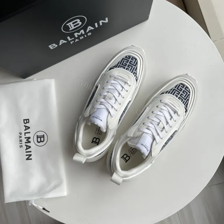 View 4 of Ivory Leather Balmain Runner: Graphic Geometry Sneaker