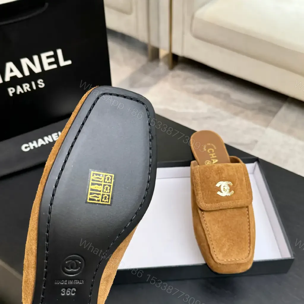 View 5 of Beige Suede Slip-On Mules with Chanel Logo Embellishment