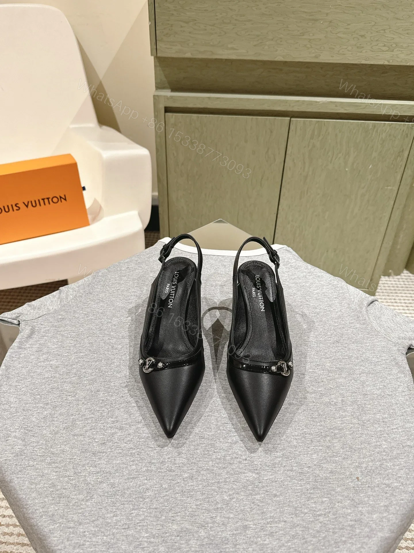 LV Women Black Leather Slingback Heels — view 1