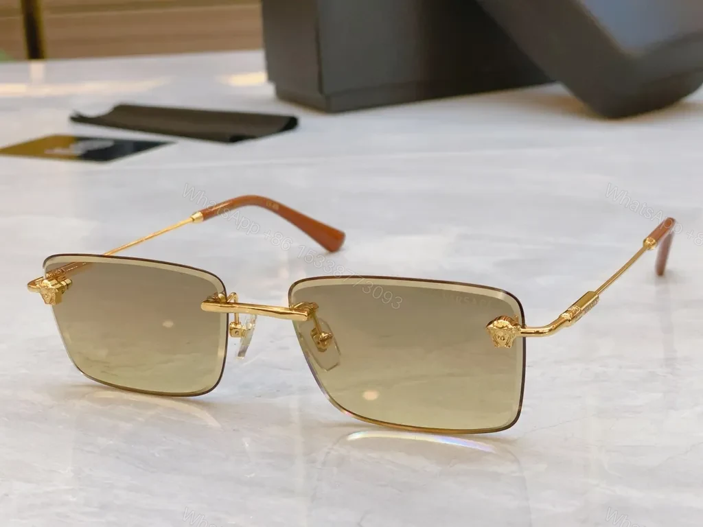 View 8 of Gold-Tone Wayfarer Rimless Sunglasses â€” Luxury Versace-Style, UV400 Protection