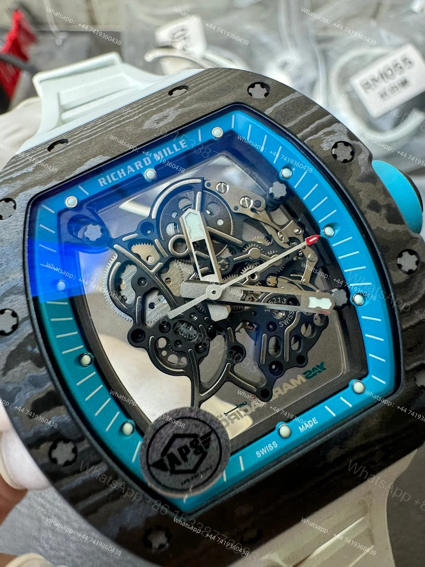 View 4 of Super Clone Richard Mille RM 055 Carbon TPT Blue Inner Bezel White Rubber Strap 1:1 Replica Watch