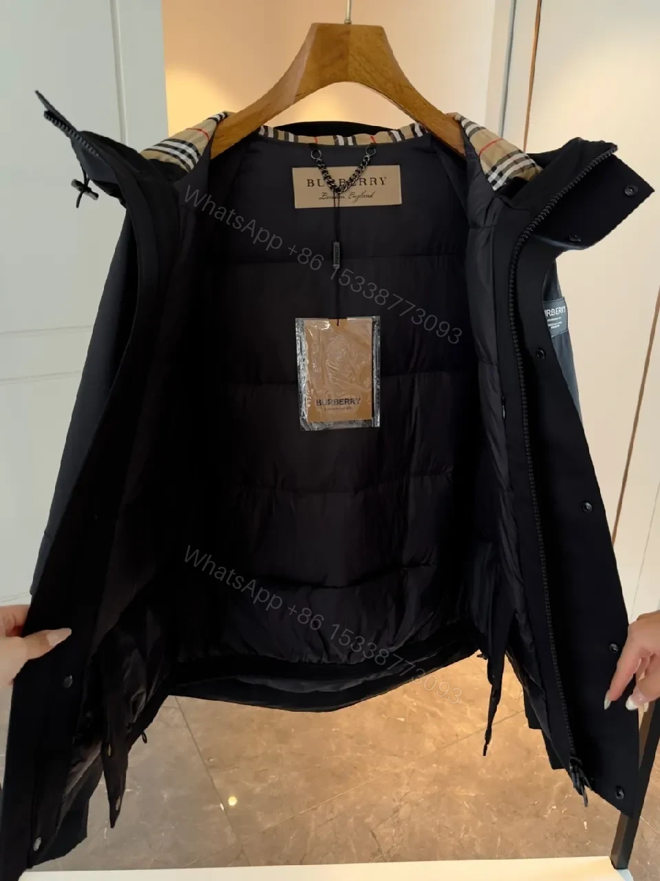 View 10 of Water-Resistant Black Parka with Plaid Lining Luxury-Utility Coat